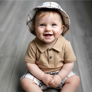 NWT Cozy Cub Tan Polo Shirt and Plaid Shorts Set with Hat Size 3-6M